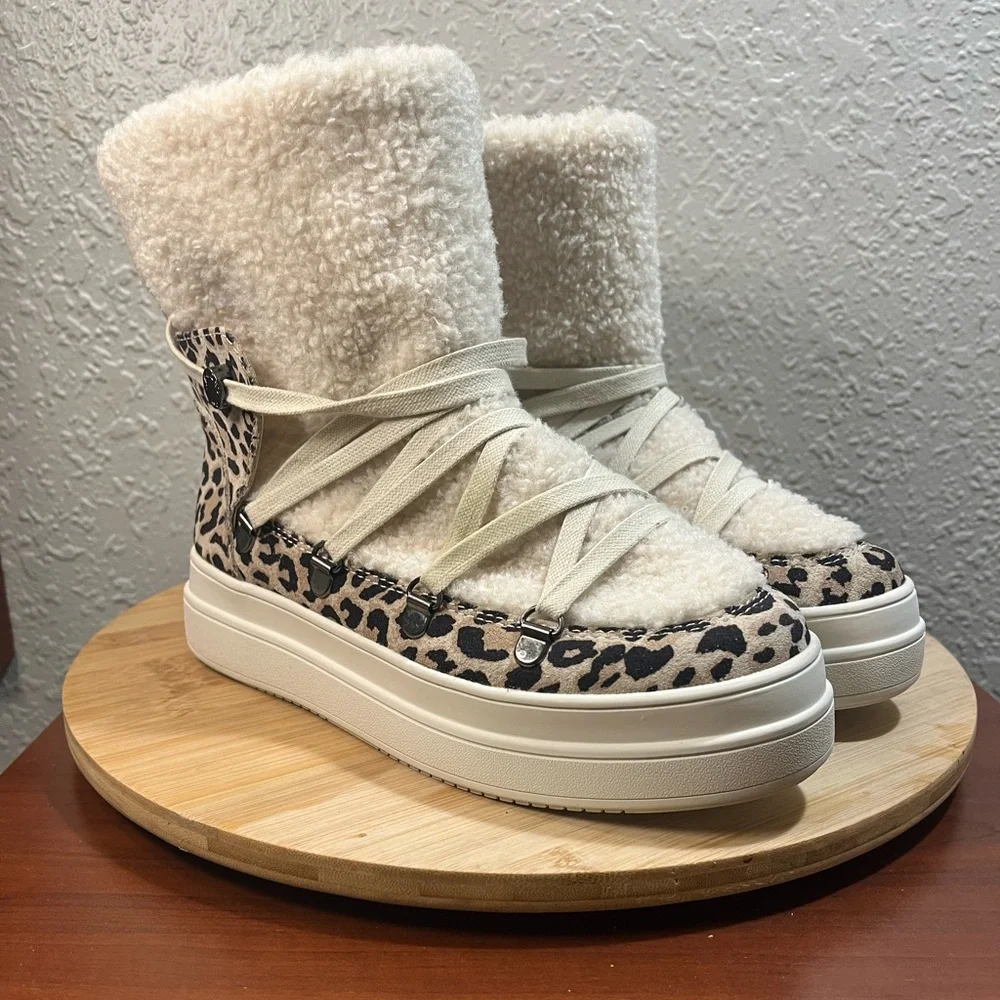 🔥 J SLIDES NEWBIE SUEDE LEOPARD PRINT PLATFORM ANKLE BOOTS WOMENS SIZE 6.5 - Picture 1 of 10